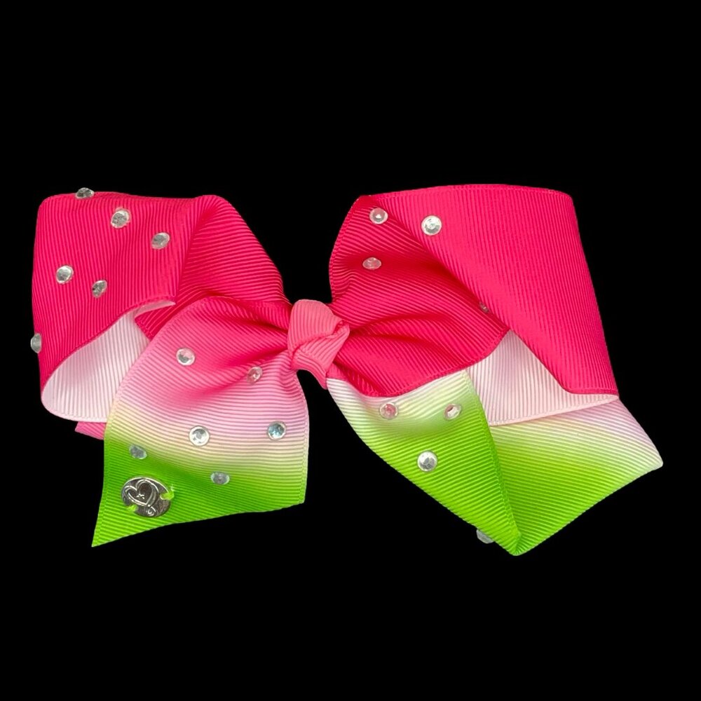 👣 5/$25 - Medium Pink/Green Fabric Bow Hair Clip w/ Rhinestone Accents